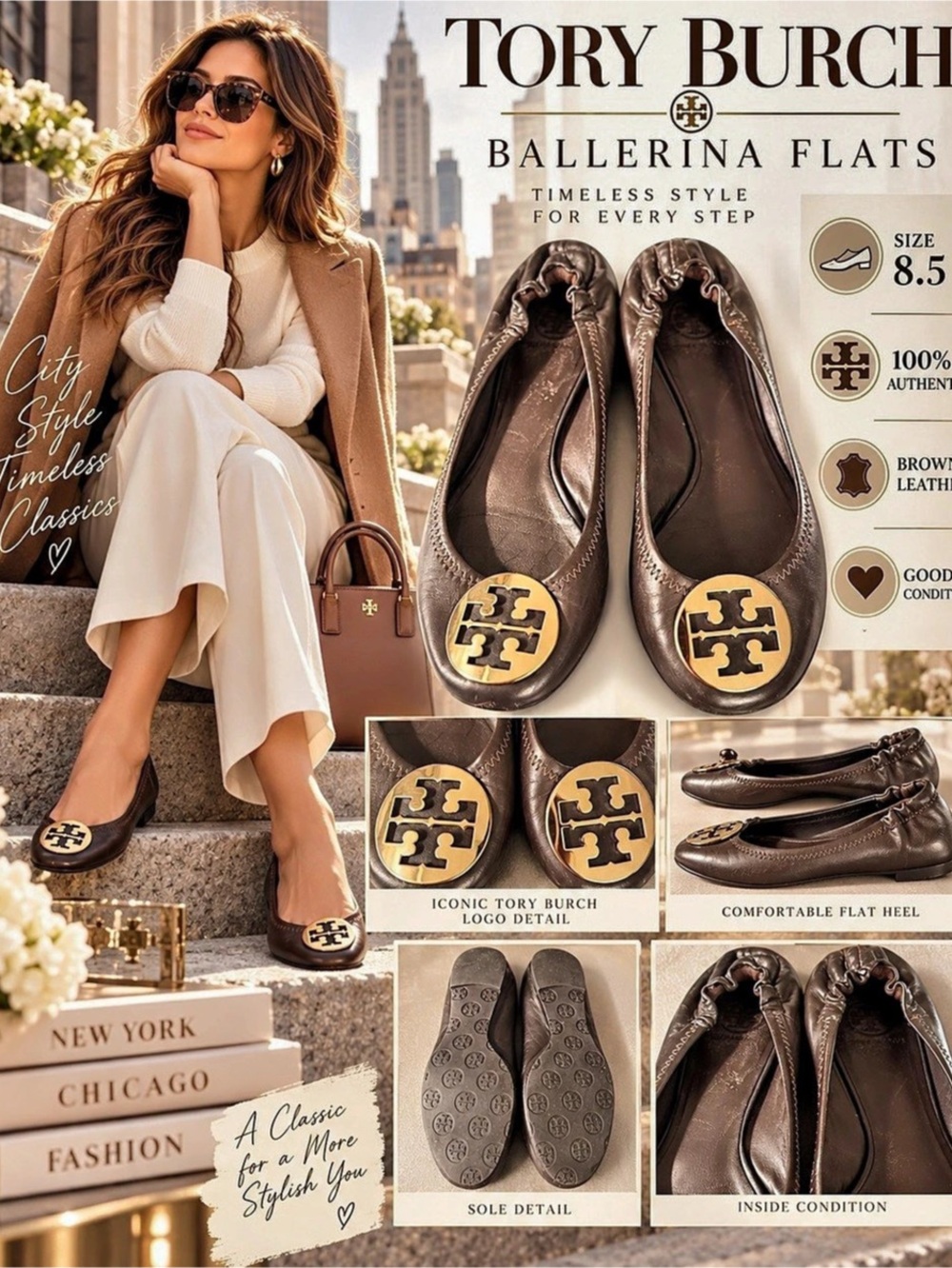 Tory Burch Minnie Travel Ballet Flat Brown US 8.5 authentic